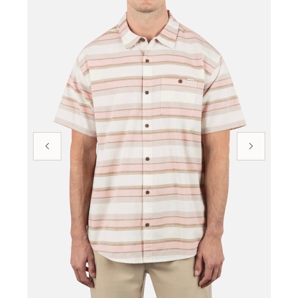 Hurley Short sleeve Button Front Shirt Lido Stripe Pink Cream Men Large Vacation